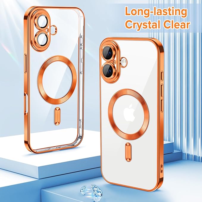 Hython Magnetic Clear for iPhone 16 Case with Camera Lens Protector [Compatible with MagSafe] Luxury Plating Edge Slim Soft TPU Cover Protective Phone Case for iPhone 16 6.1", Orange