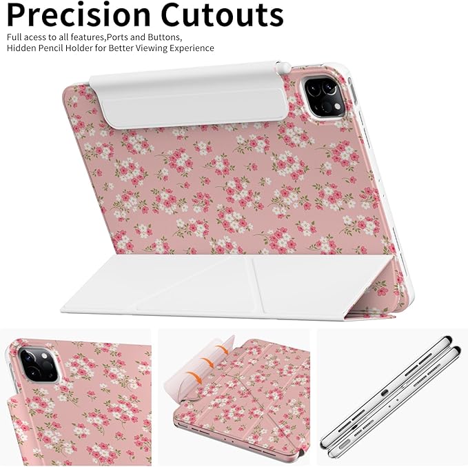 Case for iPad Air 13 Inch M3 (2025)/ M2 (2024) Chip, iPad Pro 12.9” 6th/5th/4th/3rd Generation Case, Origami Trifold Multi-Angle Stand, Magnetic Flap, Full-Protection Cover, Pink Ditsy Floral