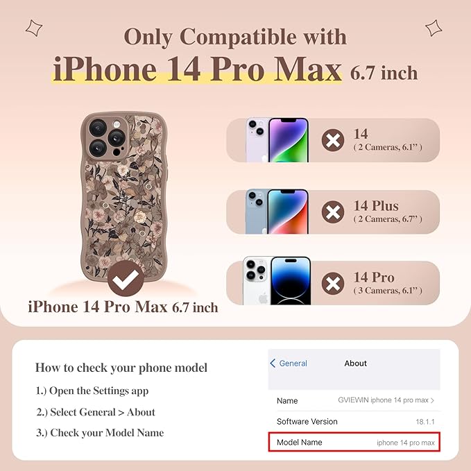 GVIEWIN for iPhone 14 Pro Max Case Compatible with MagSafe [Curly Wave Edge][Full Camera Protection] Floral Translucent Shockproof Magnetic Women Phone Case for 14 Pro Max, Apricot Blossom/Brown