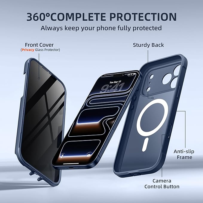 BERFY for iPhone 17 Pro Max Case, Compatible with MagSafe, Built-in Privacy Screen Protector, Camera Protection, Shockproof Full Body Phone Case 6.9", Translucent Blue