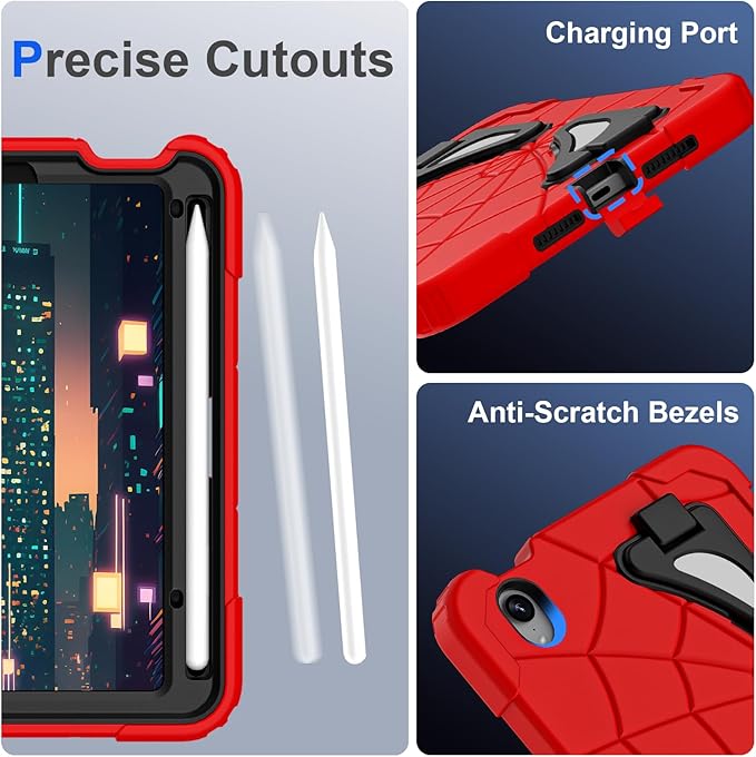 AKABEILA Compatible with Apple iPad Mini 6 2021/iPad Mini 7 2024 Tablet Case，Lightweight Shockproof Rugged Protective Cover with Kickstand for Kids Children Boys Babies Red Black