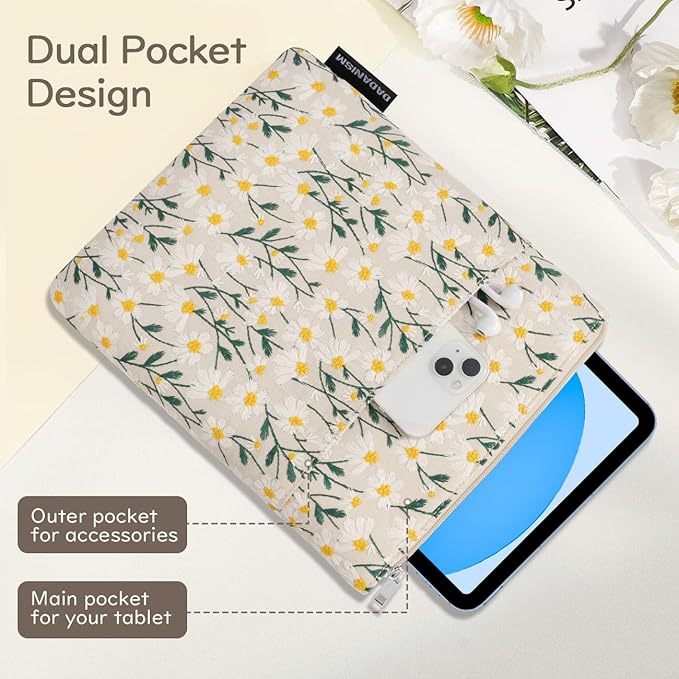 Dadanism 9-11 Inch Embroidered Daisy Padded Carrying Case Protective Tablet Sleeve for iPad A16 11th Gen 11"/10th Gen 10.9", iPad Air 11"/Pro 11"/Air 5th 4th 10.9", Galaxy Tab A11+ Plus 11", Beige
