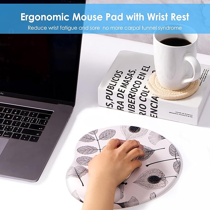 Ergonomic Mouse Pad with Wrist Support Cute Mouse pad with Wrist Rest,Comfortable Mouse Wrist Pad for Office Gaming Home Computers Laptop,Pain Relief with Non-Slip PU Base (Off-White Leaf)