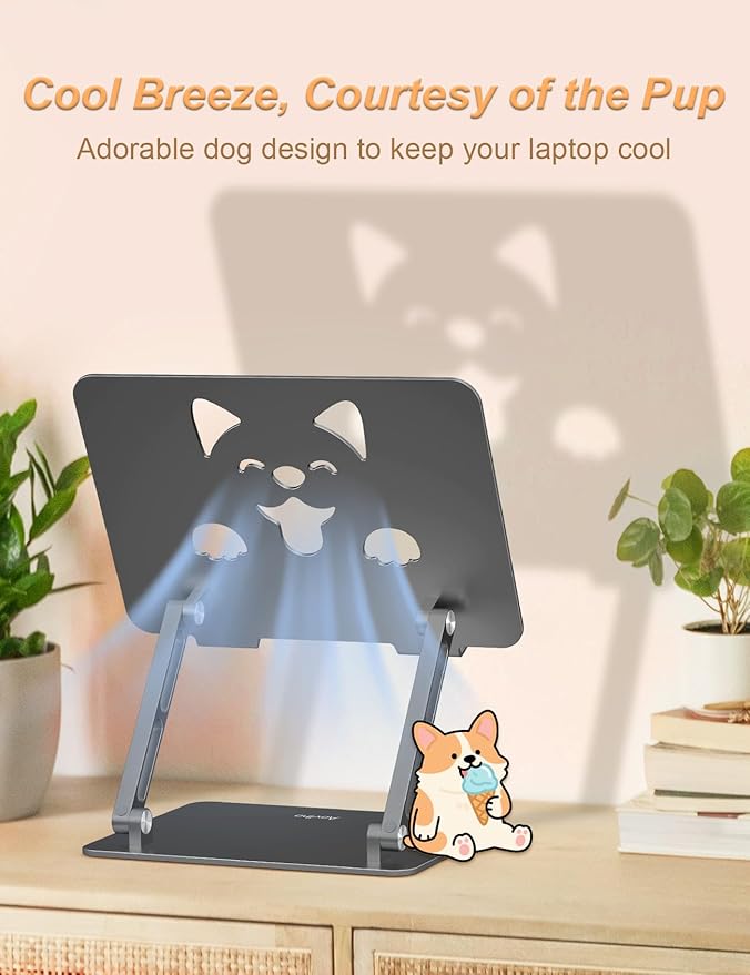 Aoviho Laptop Stand for Desk-Adjustable, Foldable, Portable, Ergonomic Aluminum Notebook Riser with Unique Puppy Cooling Vent, Desk Gift for 10"-17.3" Devices Mac, Dell, HP, Lenovo, Samsung, Gray