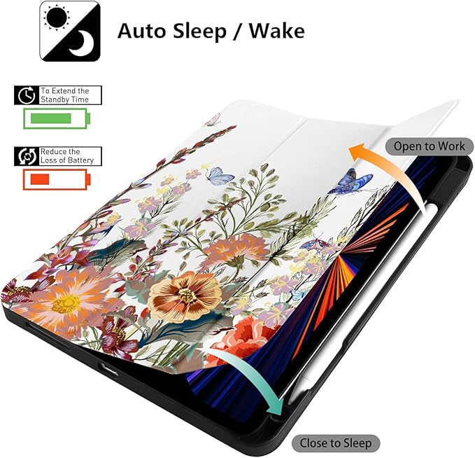 DONGKE Case for iPad Pro 11 inch (4th, 3rd, 2nd & 1st Gen) 2022 2021 2020 2018, Trifold Stand + Pencil Holder + Auto Wake/Sleep + Soft TPU Protective Stand Back Cover, Floral