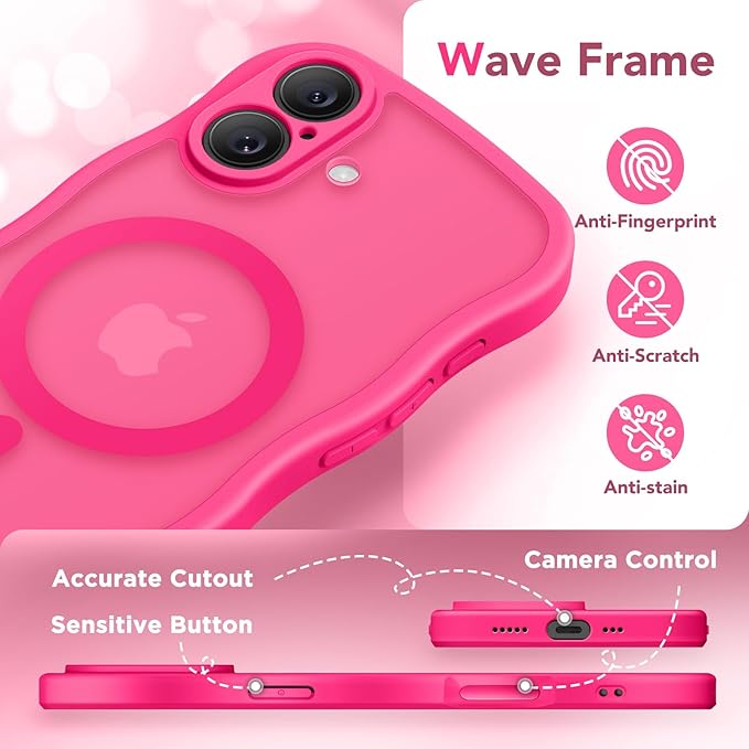 CAPRARO Magnetic for iPhone 17 Case for Women Girls, Upgraded [Full Camera Protection] [Compatible with MagSafe] Cute Wave Translucent Matte Phone Case for iPhone 17, Hot Pink