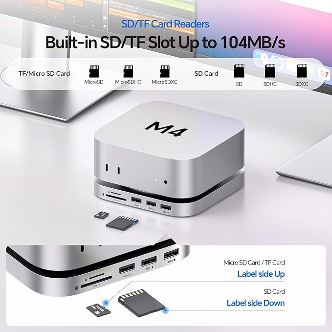 Mac Mini M4 Dock Stand with DP 4K 144Hz & HDMI 4K 60Hz, Mac Mini M4 Pro Hub with 4TB NVMe SSD Enclosure (SSD NOT Included), 3 USB A 2.0, SD/TF 3.0, 3.5mm Audio/Mic, USB C Hub for Mac Mini 2024