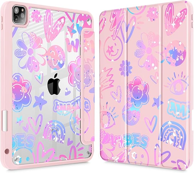 Tuiklol for iPad Pro 12.9 Inch 6th/5th/4th/3rd Generation 2022 2021 2020 2018 Case,Built-in Pencil Holder Clear Transparent Protective Back Shell Cover with Auto Sleep/Wake, Fun Emotions Pink