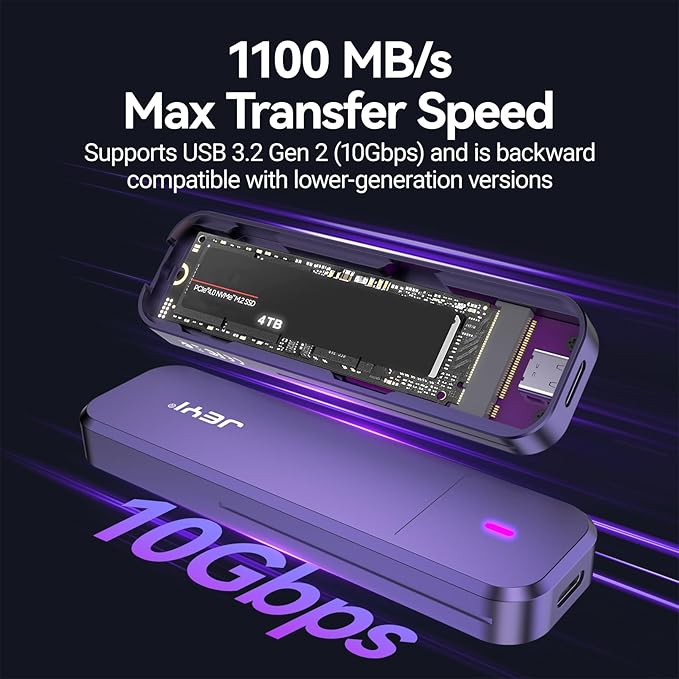 JEYI NVMe SSD Enclosure, 10Gbps M.2 to USB C Adapter/Reader, Aluminum Cooling, M Keys, Compatible with 2230/2242/2260/2280 SSDs