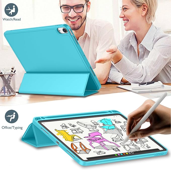 iMieet iPad Air 11 Inch Case M4/M3/M2(2026/2025/2024), iPad Air 5th/4th Generation Case 2022/2020 10.9 Inch with Pencil Holder,Trifold Stand Smart Case with Soft TPU Back(New Cyan)
