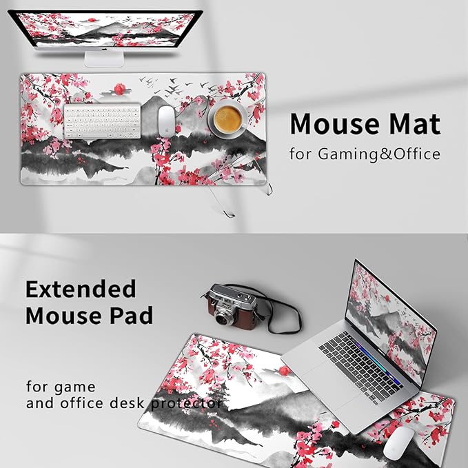 Japanese Cherry Blossom Mouse Pad 35.4 X 15.7 Inch XXL Full Desk Pink Watercolor Art Cool Design Gaming Mousepad Extended Large Non-Slip Rubber Base Keyboard Mat with Stitched Edges