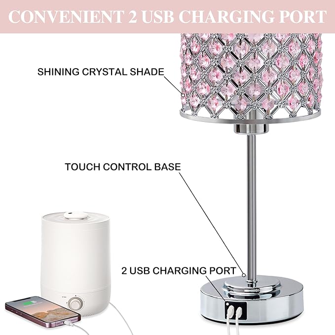 GyroVu Crystal Table Lamp, Bedside Crystal Lamp, Dimmable Touch Nightstand Lamp with USB-C+A Charging Ports Pink Night Lights Decorative Accent Lamp for Bedroom, Living Room, Office, Girls Room