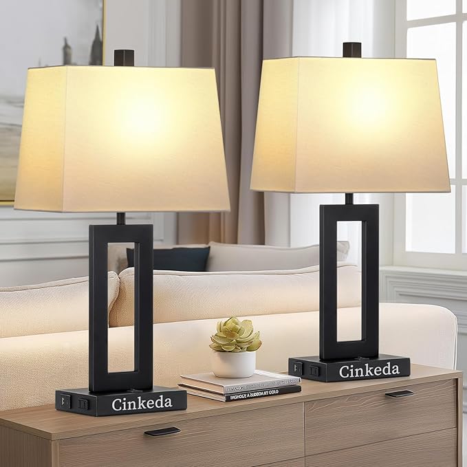 Cinkeda Table Lamp Set of 2 with USB C+A Ports & AC Outlet, Bedside Lamps, Modern Bedroom Lamps, Black Lamps for Bedroom Living Room,Nightstand Lamp（Push Button Swich/NO dimming