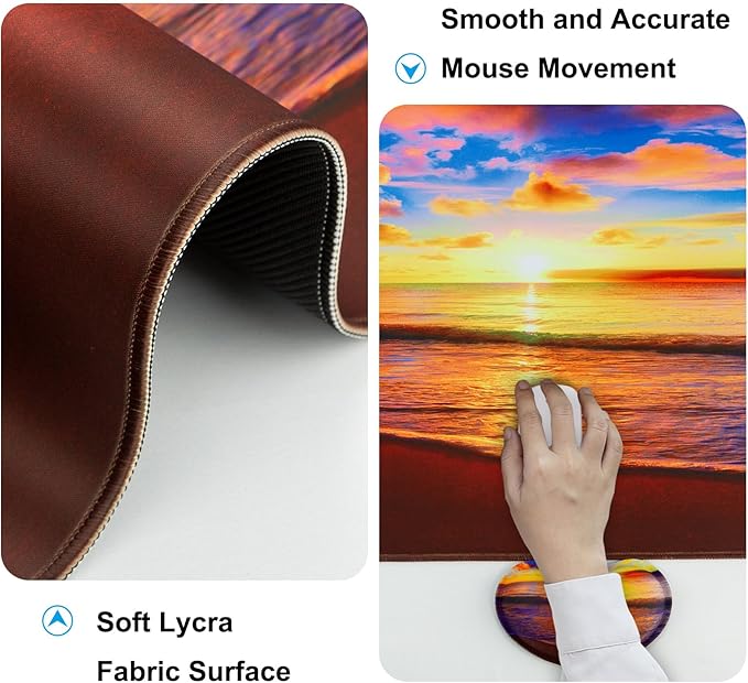 Keyboard Wrist Rest + Mouse Pad with Wrist Support + Desk Mat + Coaster 4 in 1 Set, XXL Large Gaming Mousepad Cute Ergonomic Mouse Pads for Desk Computer Laptop Office Decor-Sunset Beach