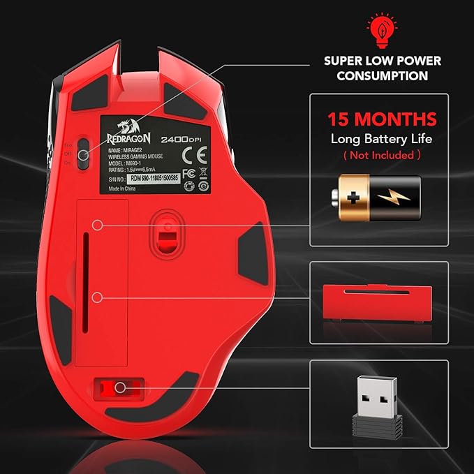 Redragon M690-1 Wireless Gaming Mouse with DPI Shifting, 2 Side Buttons, 2400 DPI, Ergonomic Design, 8 Buttons-Black