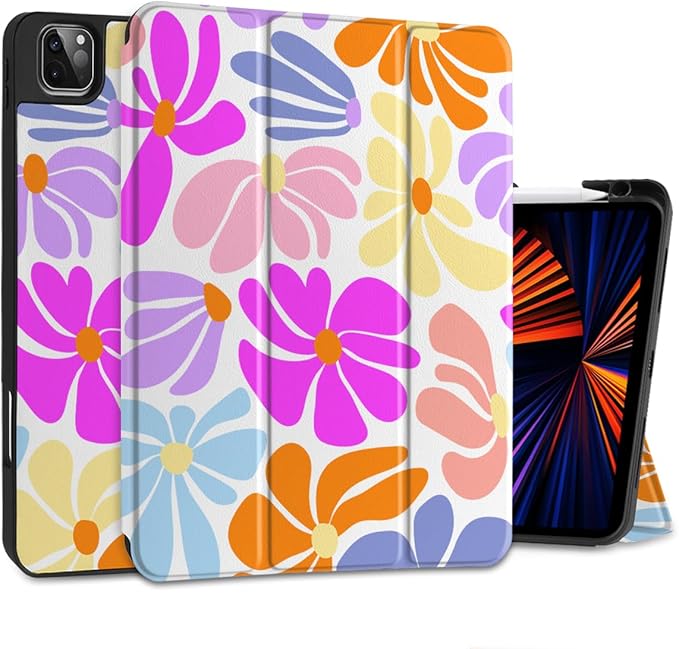 DONGKE Case for 2022/2021/2020/2018 iPad Pro 11 inch Gen 4/3/2/1 - Slim Protective Case - Built in Pencil Holder Support Charging - Trifold Stand & Sleep/Wake Cover - Retro Flowers