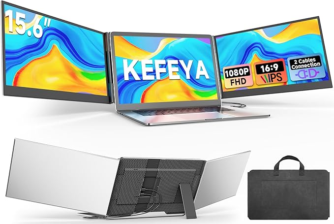 KEFEYA Laptop Screen Extender 15.6", FHD 1080P Portable Triple Monitor for Laptops 13-17.3", 0.16" Ultra-Thin Dual Laptop Monitor Extender for Windows/Mac/Dex/Chrome/Surface, Plug n Play