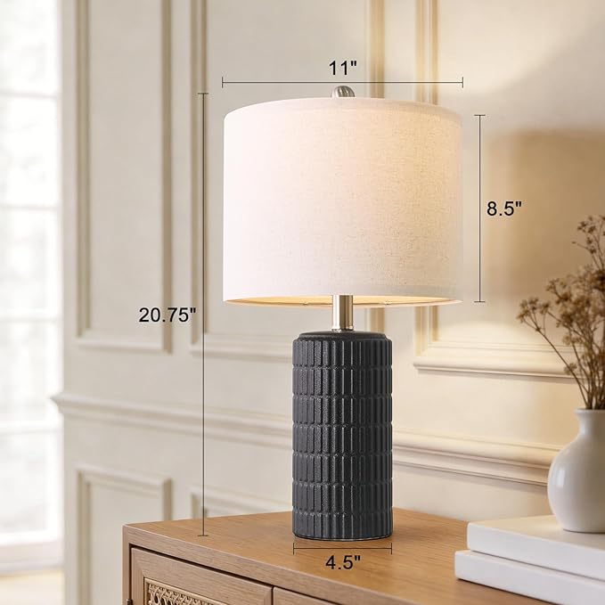 PoKat Small Table Lamps Set of 2 for Bedroom, 20.75'' Matte-Textured Farmhouse Ceramic Bedside Lamps for Night Stands, Stone-Like Modern Lamps for Living Room End Table Hallway Entryway Decor Black