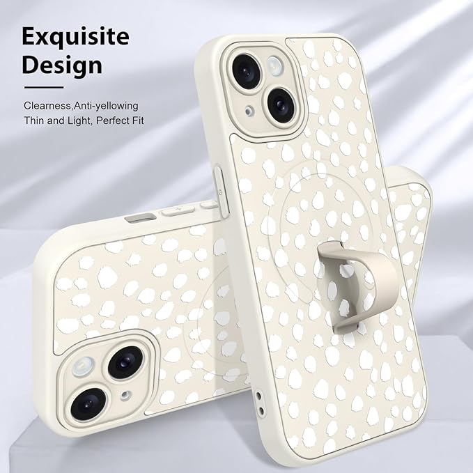 KANGHAR Compatible with iPhone 15 Case, Support for MagSafe, Silicone Speck Leopard Cute Pattern, Wristband Kickstand Camera Protection Soft Slim Cover for Girls Women -White