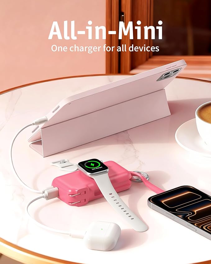 RORRY Flow Portable Charger, 10000mAh 40W Fast Charging Power Bank with Built-in USB C Cable and Foldable Wall Plug, Battery Pack Travel Essentials for iPhone 17/16/15, Apple Watch, iPad, MacBook