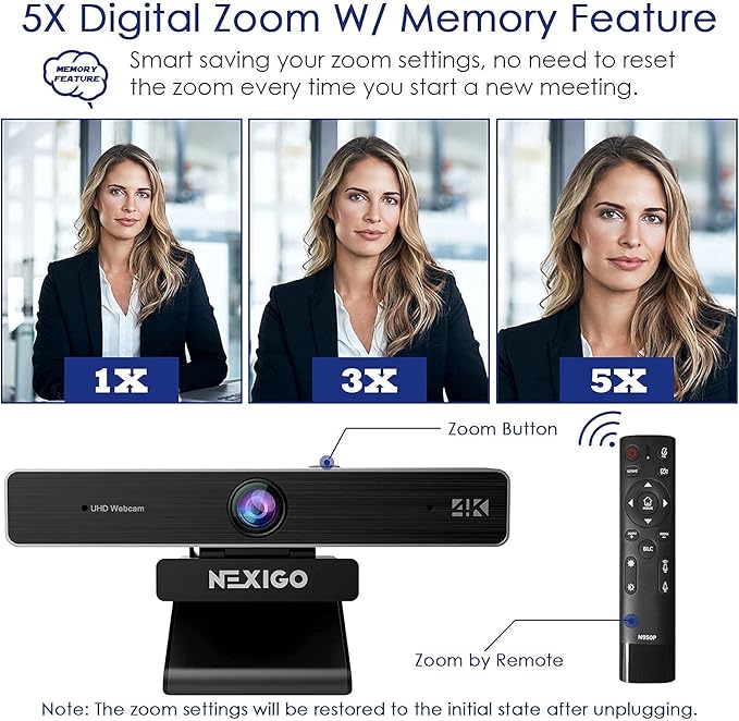 NexiGo 4K Zoomable Webcam Kits, N950P UHD 2160P Webcam with Remote, Sony Starvis Sensor, 5X Digital Zoom, Upgraded Video Conference Lighting, Extendable Tripod Stand, for Zoom/Skype/Teams