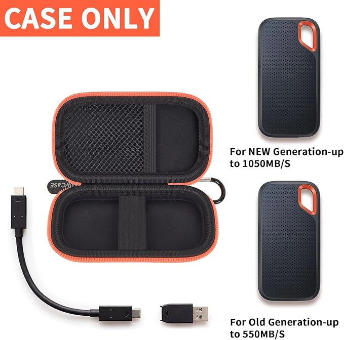 GWCASE Hard Case for SanDisk Extreme Portable SSD 1TB 2TB 4TB 8TB 500GB, External for Solid State Drive Travel Carrying Holder with Mesh Pocket for USB Cables & SD Cards (Bag Only)-Orange Zipper
