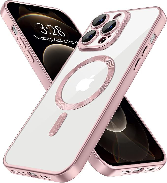 Hython Magnetic Clear for iPhone 12 Pro Max Case with Camera Lens Protector [Compatible with MagSafe] Plating Edge Slim Soft TPU Cover Protective Phone Case for iPhone 12 Pro Max 6.7", Matte Pink