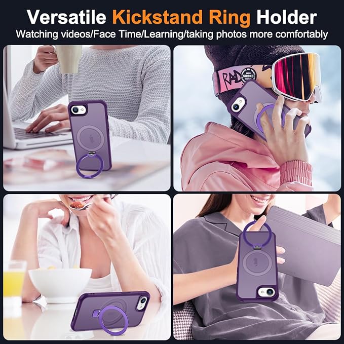 SKYLMW Compatible with iPhone 16e Case & iPhone 17e Case 6.1" with Invisible Magnetic O-Ring Stand Military-Grade Translucent Phone Cases [Compatible with Mag-Safe][Great Grip Feeling], Purple