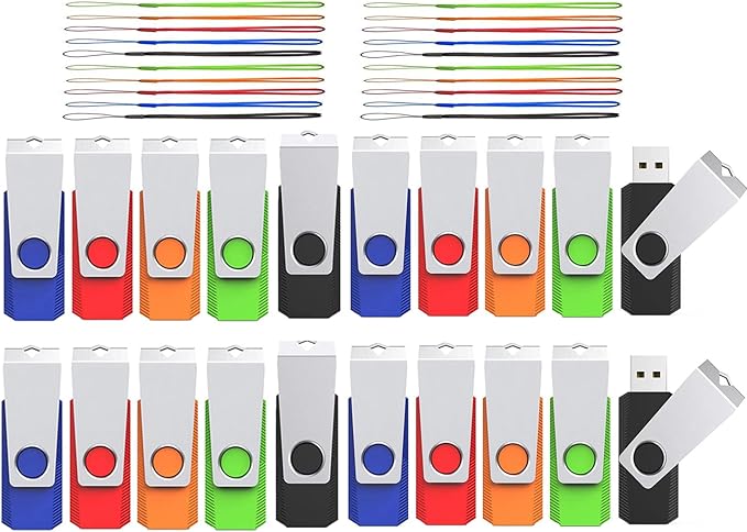 1GB Flash Drive 20 Pack, Wooolken USB 2.0 Thumb Drives Memory Stick with LED Light and Lanyards for Storage and Backup (Mixed Colors: Black Red Blue Orange Green)
