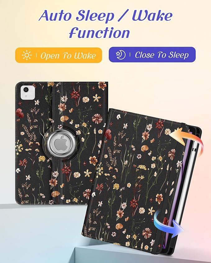 Kidcube for iPad Air 13 Inch Case (M3/M2)/for iPad Pro 12.9 Cases 6th/5th (2022/2021) - Women Girls Cute Rotating Stand Folio Cover with Pencil Holder & Card Slot Design Flowers Floral Unique Cover