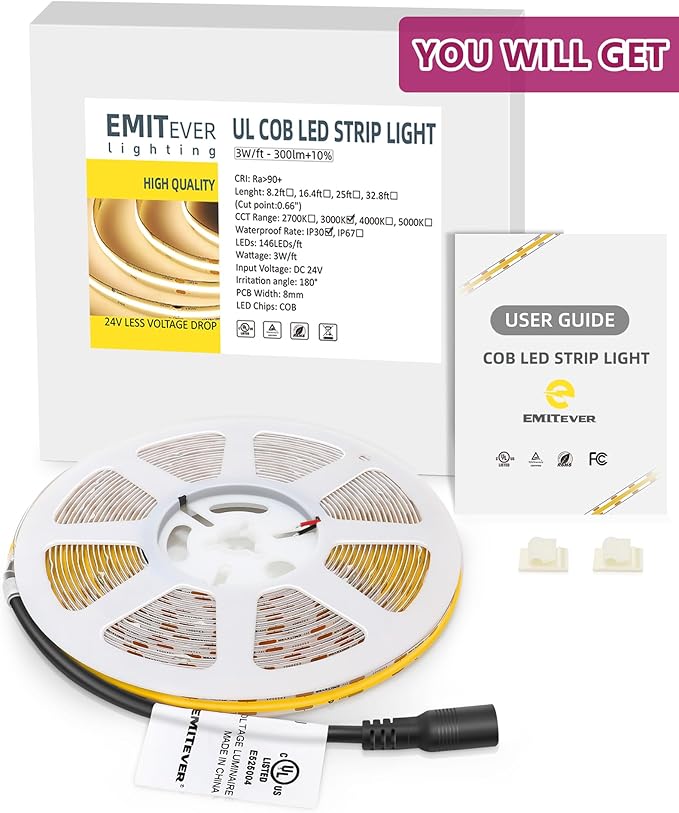 EMITEVER COB LED Strip Lights Warm White 32.8ft, 3000K 24V Dimmable Tape Light Premium High Density, 305LM+/ft, 4800LEDs, Ra 90+, 3W/FT, UL Listed for Cabinets, Shelves(Power Supply Sold Separately)