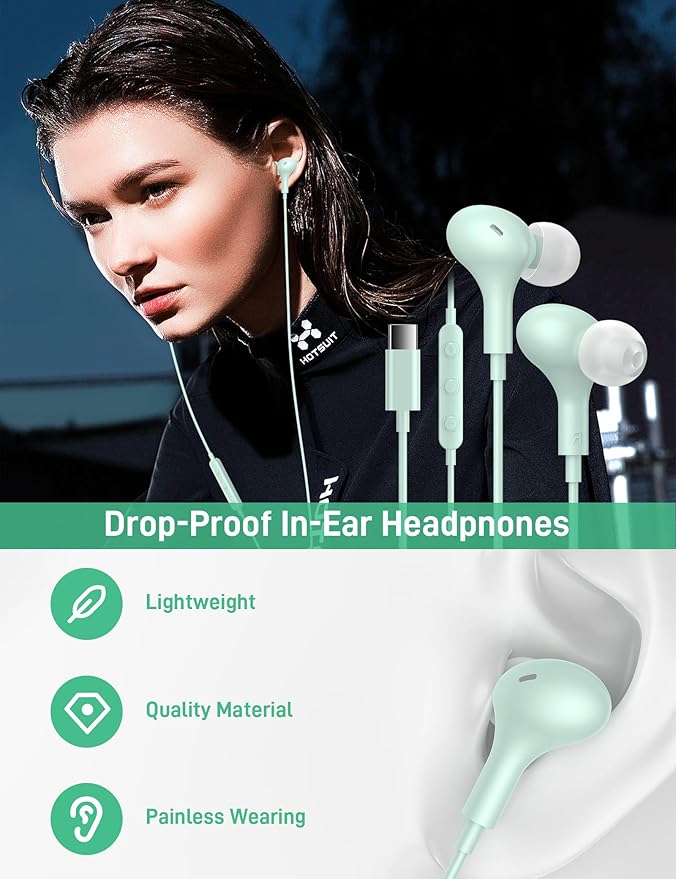 iMangoo for Apple USB C Wired Headphones, Hi-Fi Sound Corded Earbuds, Ergonomic Small in Ear Buds for iPhone 17 Pro Max/17e/16 Plus/16e/15, for Samsung S26/S25 Ultra/for Pixel Type C Earphones Mint