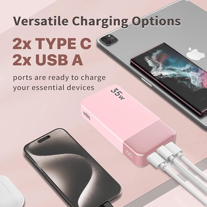 NOBIS Portable Charger, 20000mAh Power Bank, 35W Power Bank Fast Charging, Battery Pack with C to C Cable, Battery Bank with Digital Display for Phone Android etc (Pink)