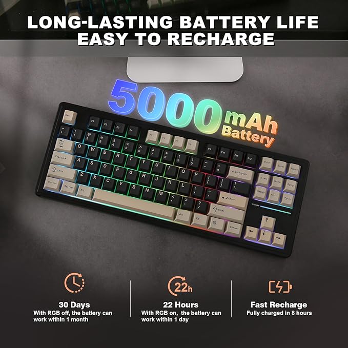 YUNZII YZ87 Gasket Mechanical Keyboard,TKL Wireless Hot Swappable with 5-Layer Padding, BT5.0/2.4G/USB-C NKRO RGB Backlit for Win/Mac (Black, Milk Switch)