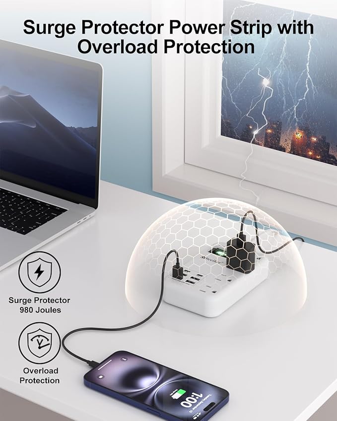 Beeiker 6 USB(2 USB C) Surge Protector Power Strip- 10 Ft Extension Cord with 24W USB Charging Station and 4 Outlets, Long Flat Extension Cord with Multiple Outlets for Travel Home Office Dorm White
