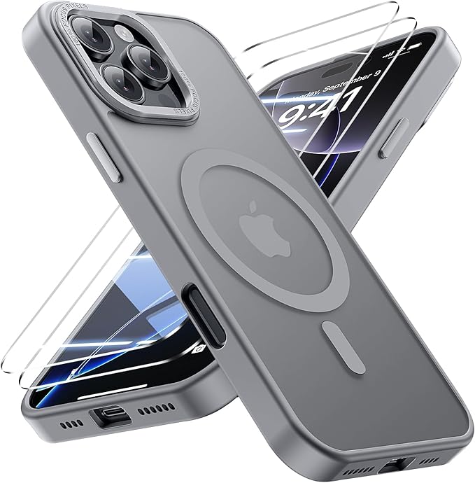 for iPhone 16 Pro Case with 2X Screen Protectors [Compatible with MagSafe] Military Grade Drop Protection Skin Feeling Back Cover Shockproof Slim Fit iPhone 16 Pro Phone Case 6.3 inch,Gray