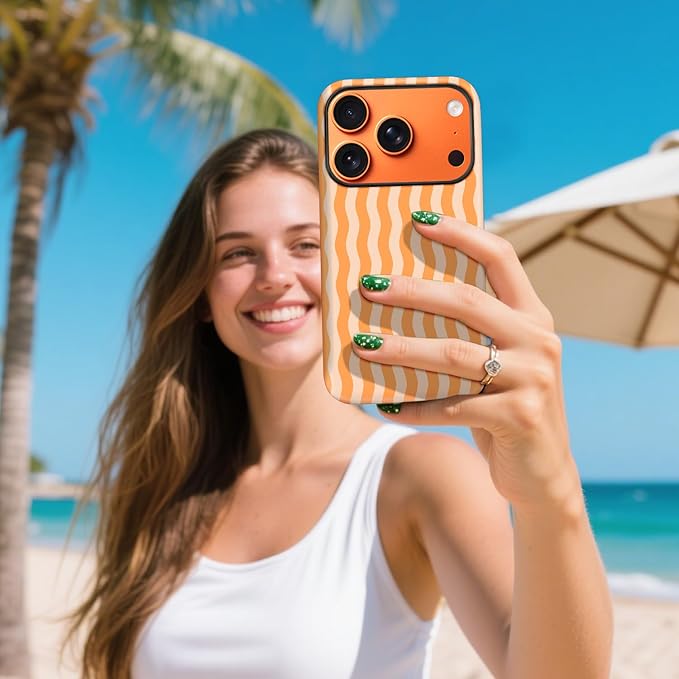 Magnetic for iPhone 17 Pro Case Cute Wavy Stripes Phone Case, Shockproof Slim TPU and Hard PC Protective Phone Cover Compatible with MagSafe Designed for Women Girls, Orange