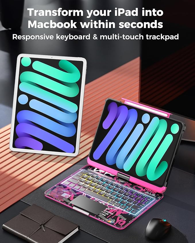 TSQQST Clear Wireless Keyboard Case for iPad mini 7 A17 Pro (2024)/ Mini 6 (2021) 8.3" w/Multi-Touch Trackpad, 7-Color Backlit, Pen Holder, 360 Rotating Case for iPad mini 7th/6th Generation, Pink