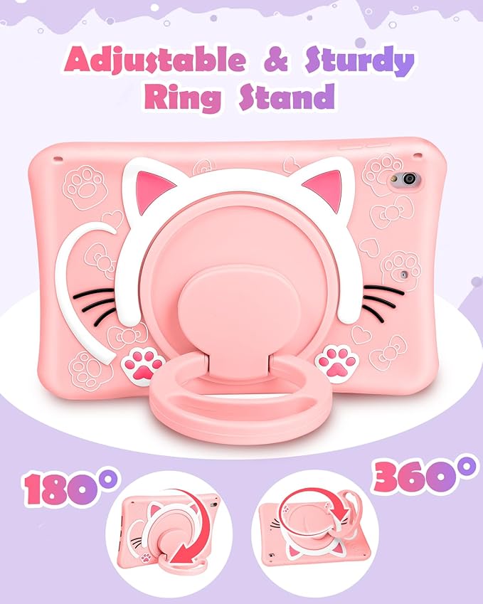 Wazzasoft for iPad Air 3rd Generation Case, Pro 10.5” Case Girls Cute Cat Kawaii Cover Girly 3D Cartoon with Rotating Handle Stand & Strap Soft Silicone Funda for Apple iPad Air 3, Pro 10.5 Cases