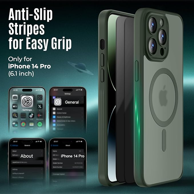 Symcele Designed for iPhone 14 Pro Case, Compatible with MagSafe, with Privacy Screen Protectors X2, [Camera Protection] [15FT Military Drop Protection] Shockproof Phone Case, 6.1", Alpine Green