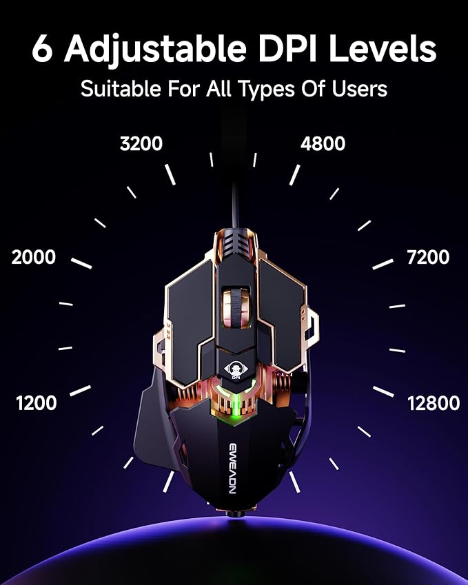 SEUNKWANG EWEADN G5 Wired Gaming Mouse, Ergonomic RGB Computer Mouse, 12800 Adjustable DPI, 9 Programmable Macro Buttons with Rapid Fire Key Compatible for PC/Laptop/Windows- Black&Gold