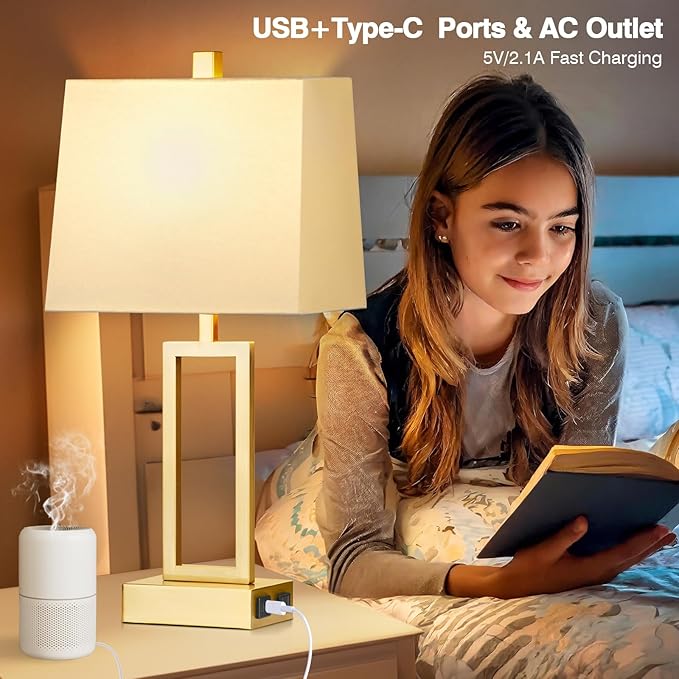 Rinweey 23.5" Touch Control Table Lamps Set of 2, Modern Gold Bedside Lamps with USB A+C Ports & AC Outlet, 3 Way Dimmable Contemporary Nightstand Lamps for Bedroom Living Room(2 LED Bulb Included)