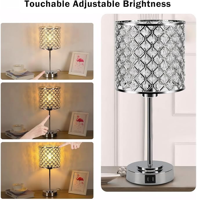 GyroVu Crystal Table Lamp for Bedroom Living Room, Touch Control Bedside Lamp with USB C+A Ports - Dimmable Nightstand Lamp Modern Light, Bulb Included