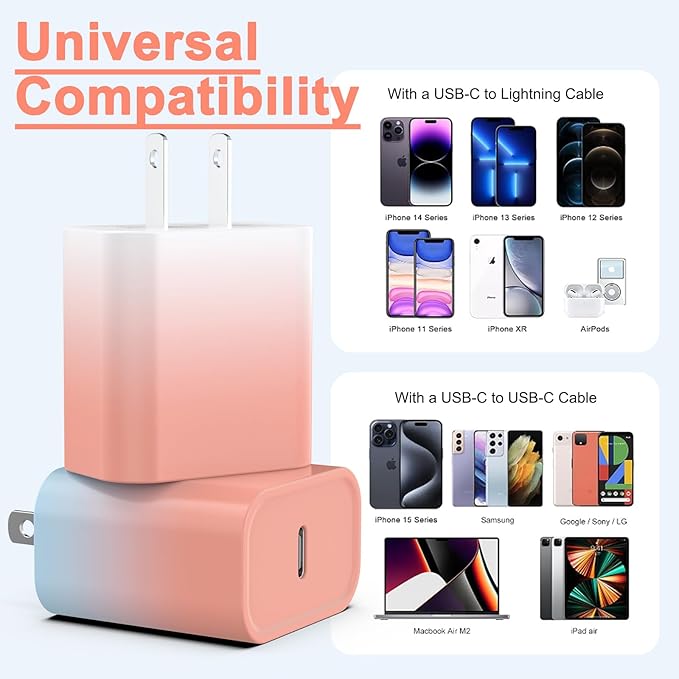 2Pack USB C Charger Block 20W, iGENJUN USB-C Power Adapter - Phone Charger with Fast Charging Capability, Type C Wall Charger for Phone 17/17 Plus/16 Pro Max/15 Series, Galaxy, Pixel, Pad - Colorful