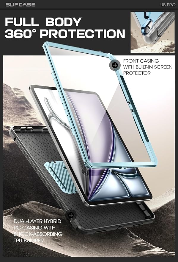 SUPCASE for iPad Air 13 Inch Case M4/M3/M2 (2026/2025/2024) with Pencil Holder (Unicorn Beetle Pro), [Built-in Screen Protector & Stand] [Military-Grade Protection] Cover for iPad Air 13 Inch, Arctic