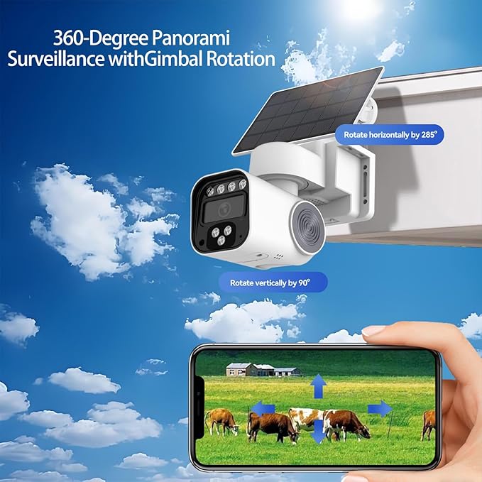 7W Solar 4G Security Cameras Wireless Outdoor, AOV 24/7 Recording Cameras for Home Security, 360° View, 2K Color Night Vision, 2-Way Talk, NO WiFi, Auto Tracking