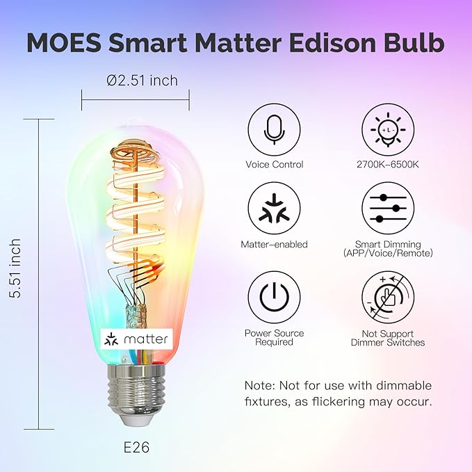 MOES Matter WiFi ST64 Edison Smart Bulbs, Color Changing Light Bulb, 16 Million RGB Colors & Tunable White, Works with Apple Home, Alexa, Google Home, E26 Dimmable 5W (40W Equivalent), 2-Pack