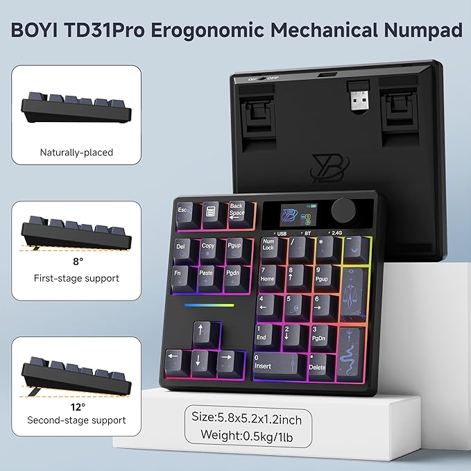 BOYI TD31Pro Mechanical Number Pad,Bluetooth5.0/2.4G/Type-C Wireless Numeric Keypad,RGB HotSwap Numpad with Screen&Knob,PBT Keycaps Gasket keypad Programmable for Win/Mac/Gaming(Black-Star Moon)
