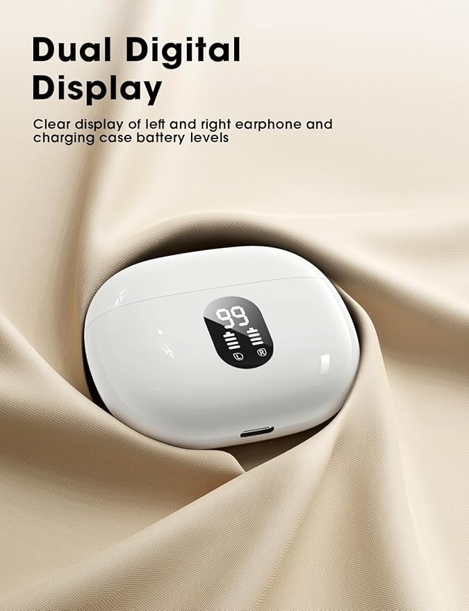 ZZU Wireless Earbuds Bass Stereo Headphones Bluetooth 5.3 Ear Buds, 48H Playtime, LED Display in Ear Earphones with Mic, IPX7 Waterproof, Touch Control Lightweight for iPhone/Sports/Laptop White