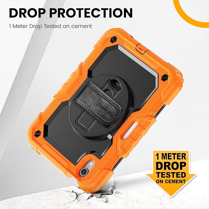 Timecity Case for iPad mini 7th/6th Generation 2024/2021 8.3 inch, Full-Body Protective for iPad mini 7/ Mini 6 Case with Screen Protector Pencil Holder Swivel Stand Hand/Shoulder Strap- Orange